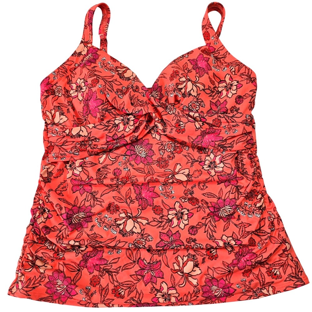 Lands' End Women Size 14 Tankini Swim Top Coral Pink Floral Side Ruching NWOT